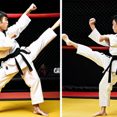 Home 4 **Image Prompt:** A dynamic split-screen image. On one side, a Taekwondo practitioner executing a powerful spinning hook kick in mid-air, with a traditional Korean dojang in the background. Focus on the flexibility, speed, and precise technique. On the other side, an MMA fighter in a cage, mid-grapple with an opponent, showcasing strength and close-quarters combat. Emphasize the raw power and intensity.