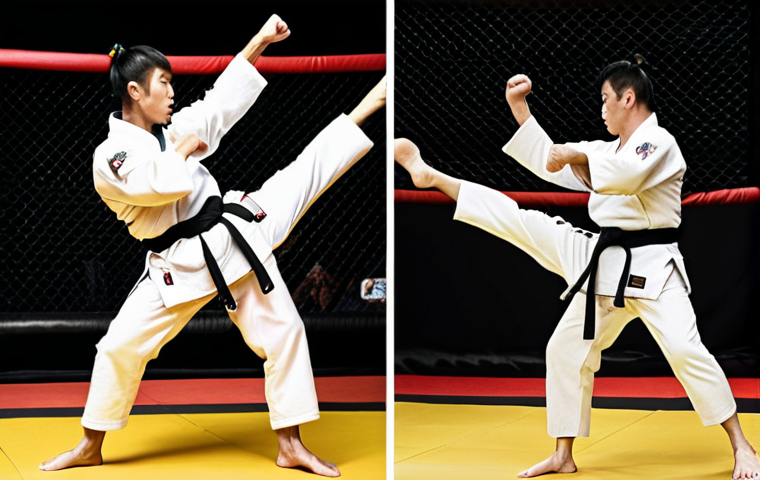 **Image Prompt:** A dynamic split-screen image. On one side, a Taekwondo practitioner executing a powerful spinning hook kick in mid-air, with a traditional Korean dojang in the background. Focus on the flexibility, speed, and precise technique. On the other side, an MMA fighter in a cage, mid-grapple with an opponent, showcasing strength and close-quarters combat. Emphasize the raw power and intensity.
