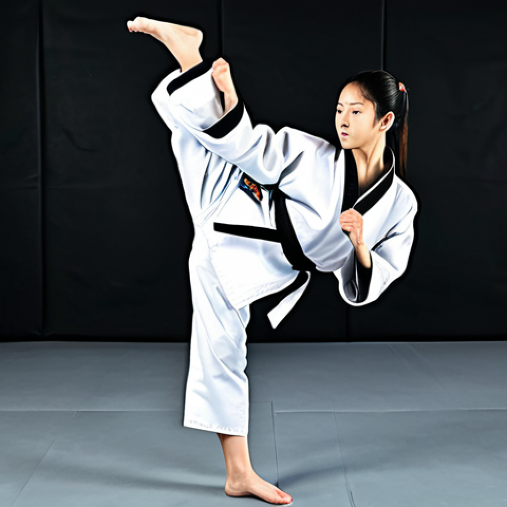 **

"A young woman in a fully clothed Taekwondo uniform, performing a perfect front kick in a bright, clean dojang. Focus on her form and posture. Appropriate attire, safe for work, perfect anatomy, natural proportions, well-formed hands, proper finger count, professional martial arts photography, high quality, family-friendly."

**