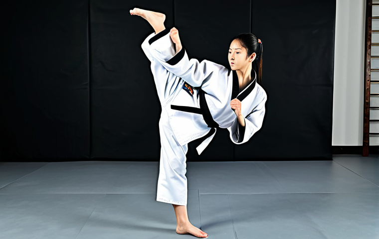 **
"A young woman in a fully clothed Taekwondo uniform, performing a perfect front kick in a bright, clean dojang. Focus on her form and posture. Appropriate attire, safe for work, perfect anatomy, natural proportions, well-formed hands, proper finger count, professional martial arts photography, high quality, family-friendly."
**