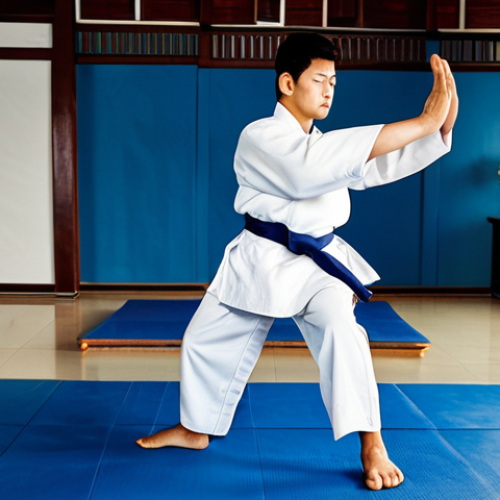 Home 16 **Balance Training:** "A ताएक्वोंडो practitioner in a dobok, practicing वेट शिफ्टिंग exercises in a dojang. Perfect stance, focused expression, bright lighting, professional photography, fully clothed, safe for work."