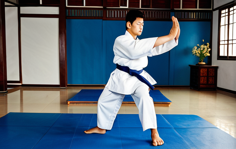 **Balance Training:** "A ताएक्वोंडो practitioner in a dobok, practicing वेट शिफ्टिंग exercises in a dojang. Perfect stance, focused expression, bright lighting, professional photography, fully clothed, safe for work."