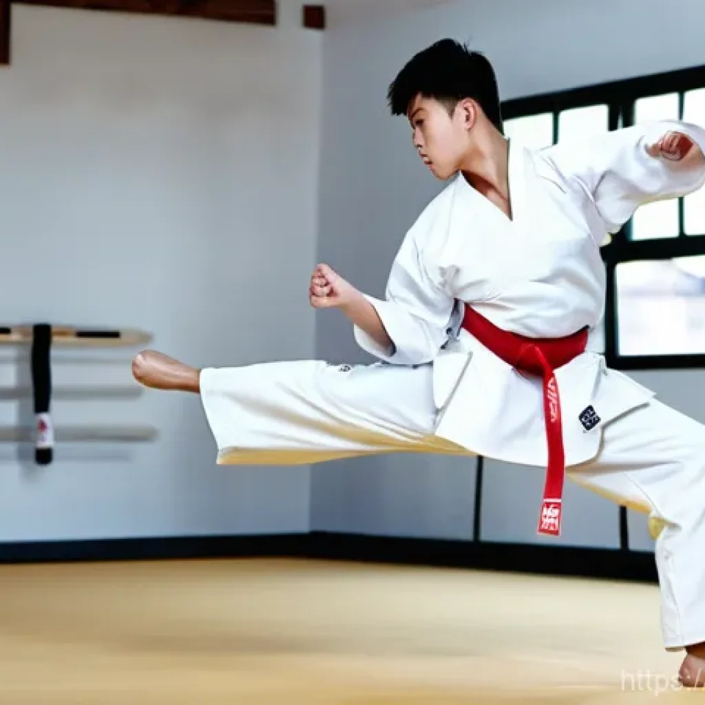 태권도 수련의 장기적 효과 - **A Confident Taekwondo Master in Training:**
    A dynamic, medium shot of a young adult, approxima...