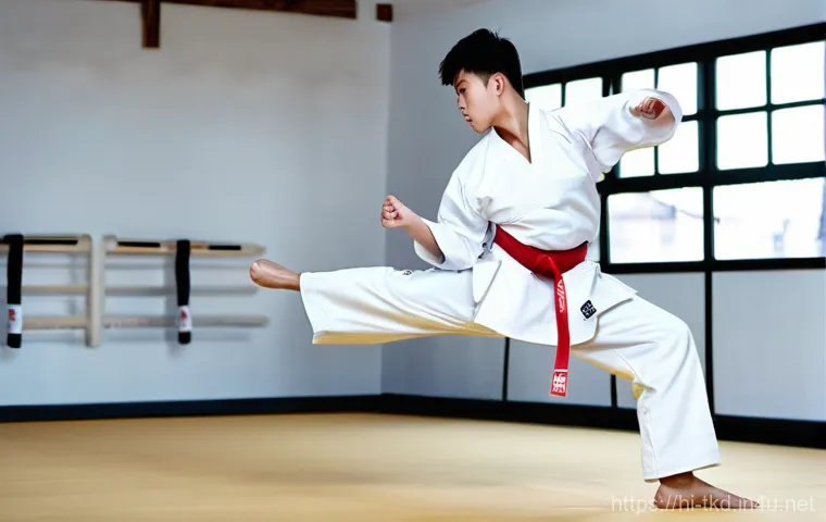 태권도 수련의 장기적 효과 - **A Confident Taekwondo Master in Training:**
A dynamic, medium shot of a young adult, approxima...
