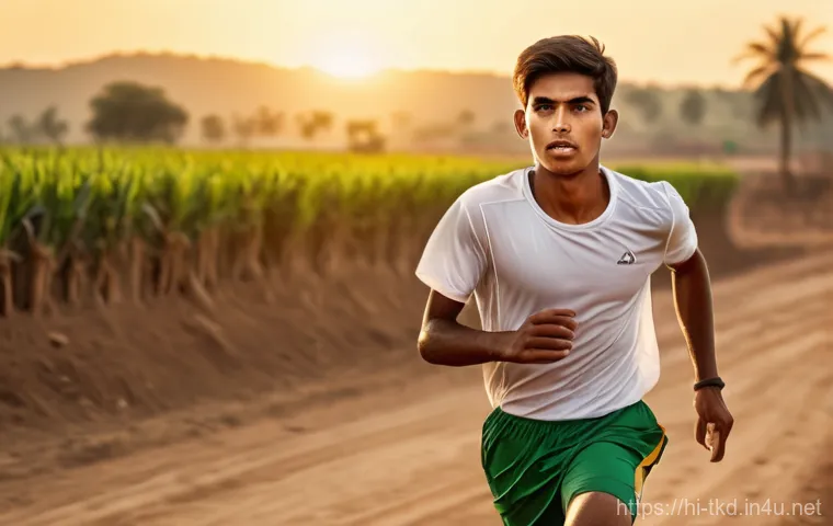 태권도 대회 우승자 인터뷰 - **Prompt 1: The Seed of Ambition in Rural Dust**
"A determined young male athlete, approximately...