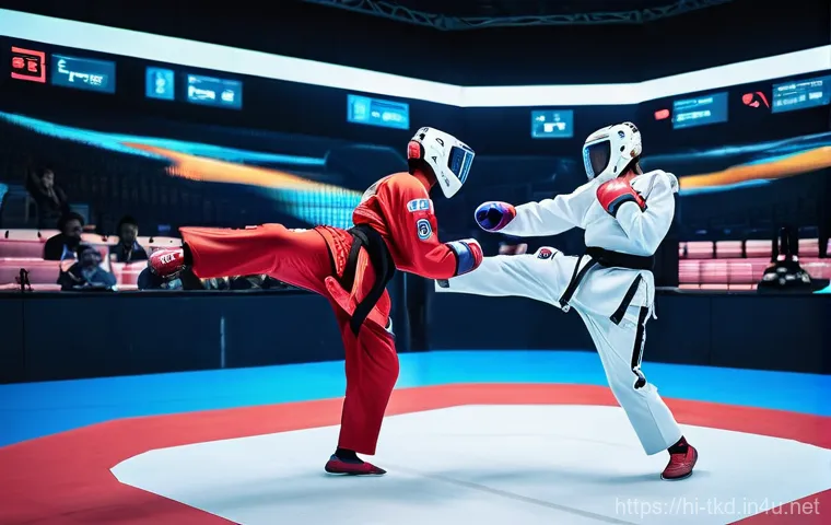 태권도 경기 분석 프로그램 추천 - **Prompt 2: AI-Powered Taekwondo Training Session**
    "A dynamic, high-angle shot of a male Taekwo...