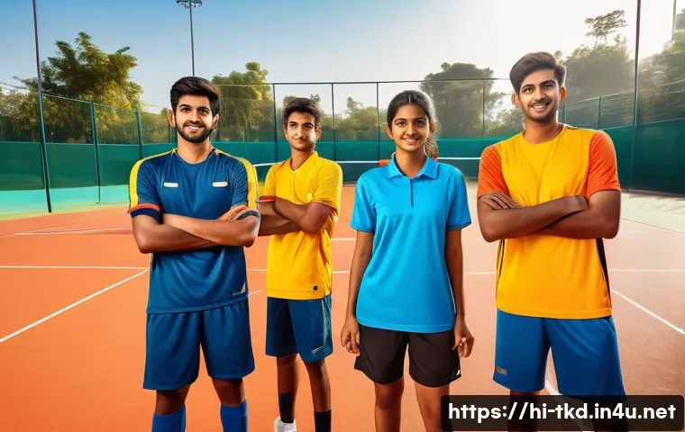 태권도 단체 경기 전략 - A dynamic sports team on a vibrant outdoor court, players communicating intensely with clear hand si...