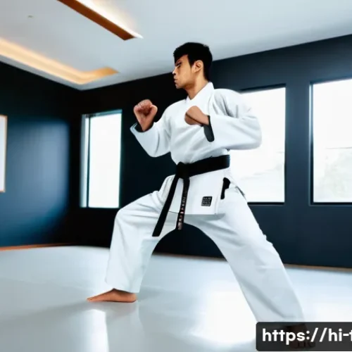 태권도 온라인 수업 리뷰 - A young Indian male practicing Taekwondo indoors at home, wearing sportswear and standing in a spaci...