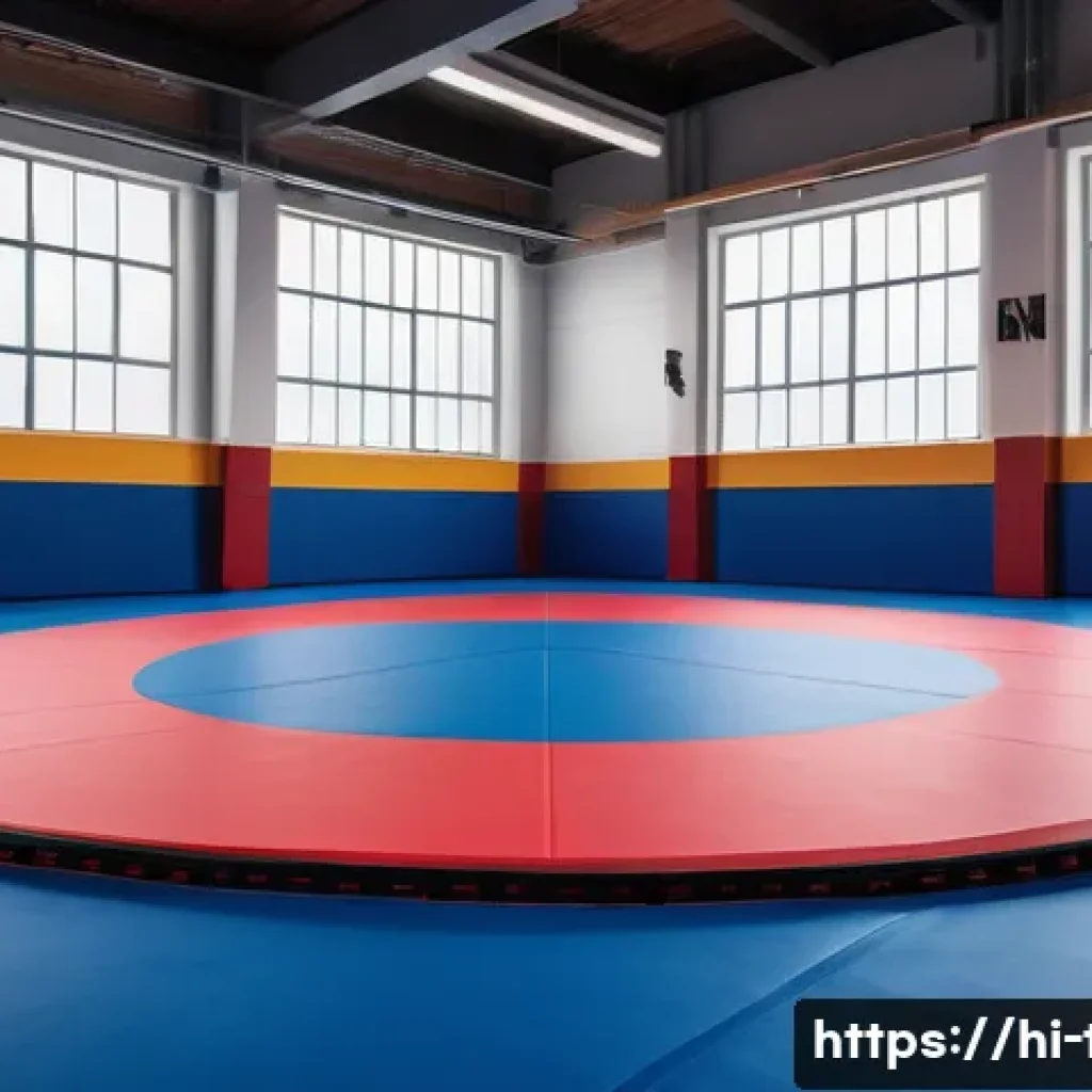 태권도 경기용 바닥재 정보 - A detailed indoor sports training facility focused on taekwondo practice, featuring a high-quality f...