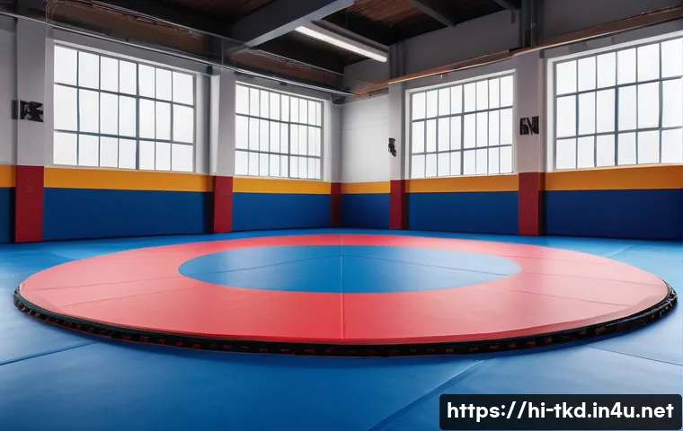 태권도 경기용 바닥재 정보 - A detailed indoor sports training facility focused on taekwondo practice, featuring a high-quality f...