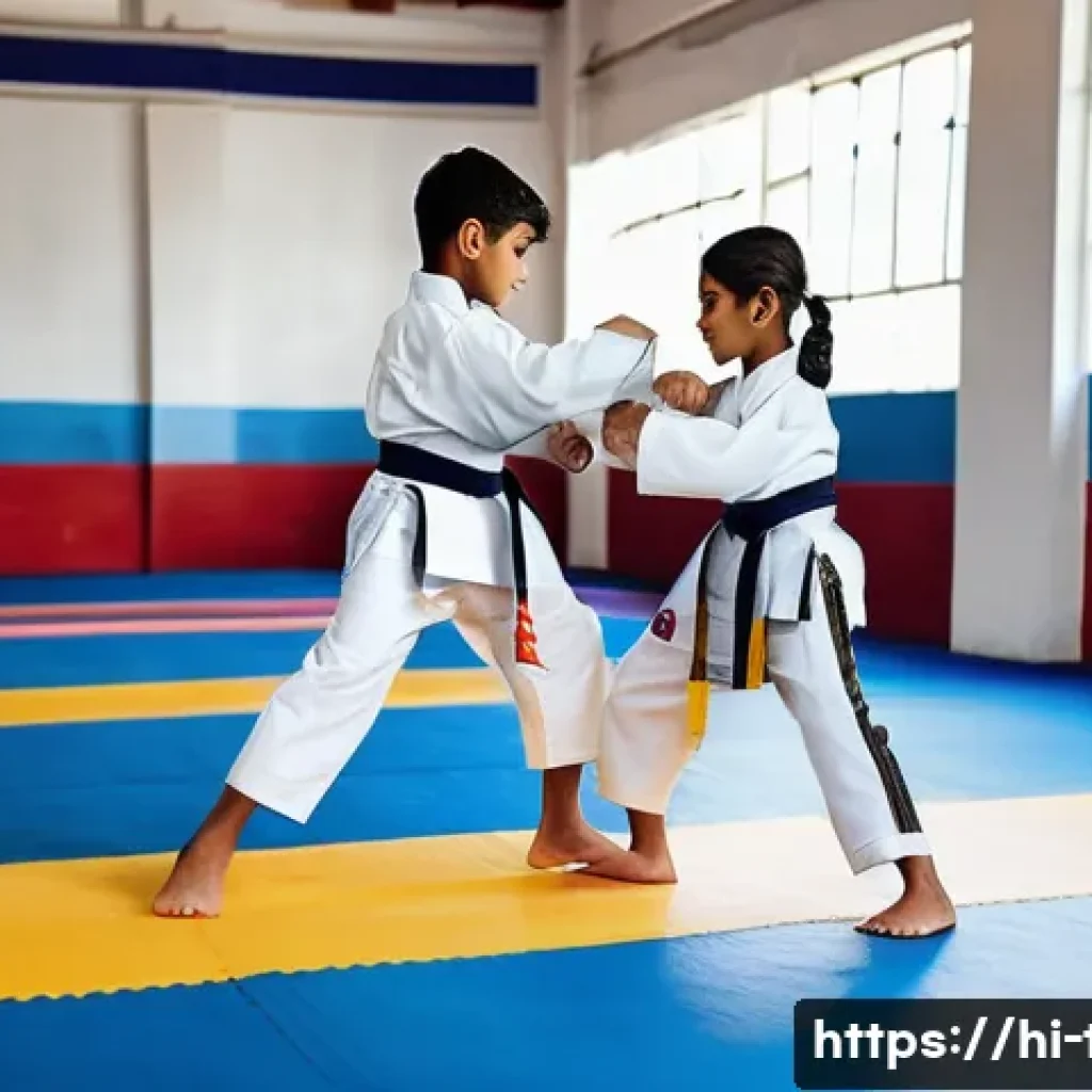 태권도와 체육 교육의 연계성 - A vibrant and dynamic scene of young Indian children practicing Taekwondo in a school gymnasium, wea...