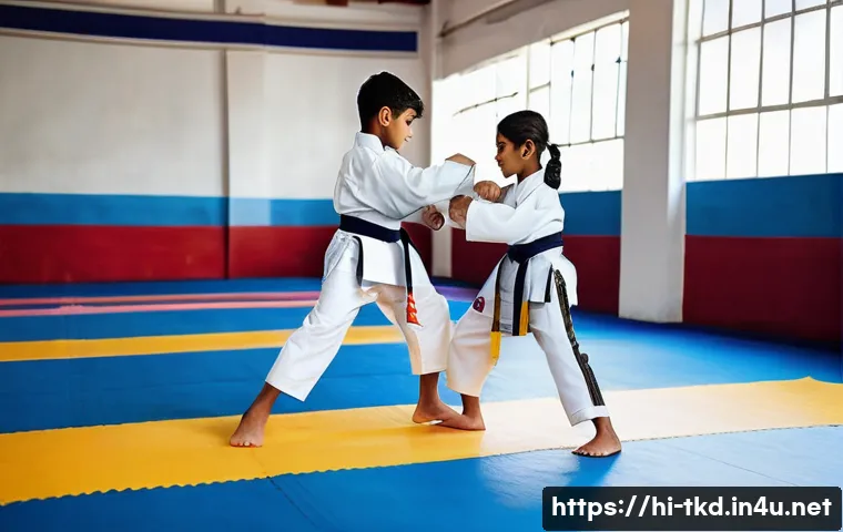 태권도와 체육 교육의 연계성 - A vibrant and dynamic scene of young Indian children practicing Taekwondo in a school gymnasium, wea...