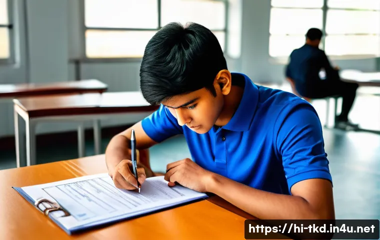 태권도 대회 참가 신청서 작성법 - A detailed scene of an Indian Taekwondo competition application process, showing a young male compet...