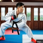 태권도 남성 훈련 팁 - A focused young male Taekwondo athlete in mid-action performing rapid footwork drills in a modern ma...