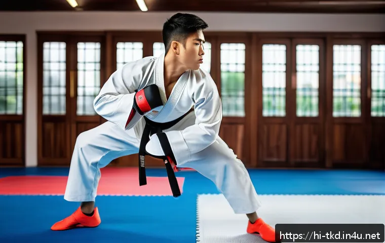 태권도 남성 훈련 팁 - A focused young male Taekwondo athlete in mid-action performing rapid footwork drills in a modern ma...