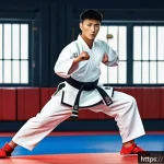 태권도 복싱과의 차이점 - A dynamic scene of a male Taekwondo athlete in mid-air performing a high spinning kick, wearing trad...