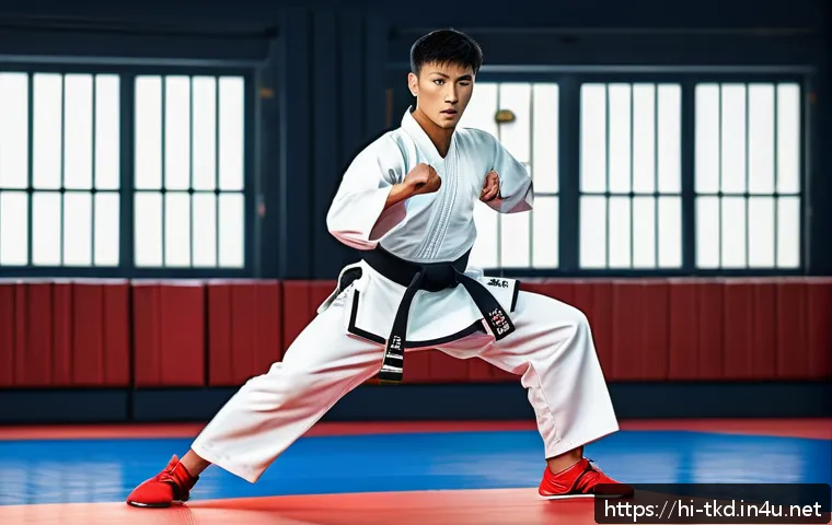 태권도 복싱과의 차이점 - A dynamic scene of a male Taekwondo athlete in mid-air performing a high spinning kick, wearing trad...