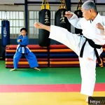 태권도와 건강 증진 연구 - A dynamic scene of a diverse group of people practicing Taekwondo in a bright, modern dojo. The part...