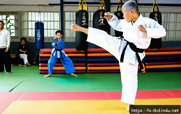 태권도와 건강 증진 연구 - A dynamic scene of a diverse group of people practicing Taekwondo in a bright, modern dojo. The part...
