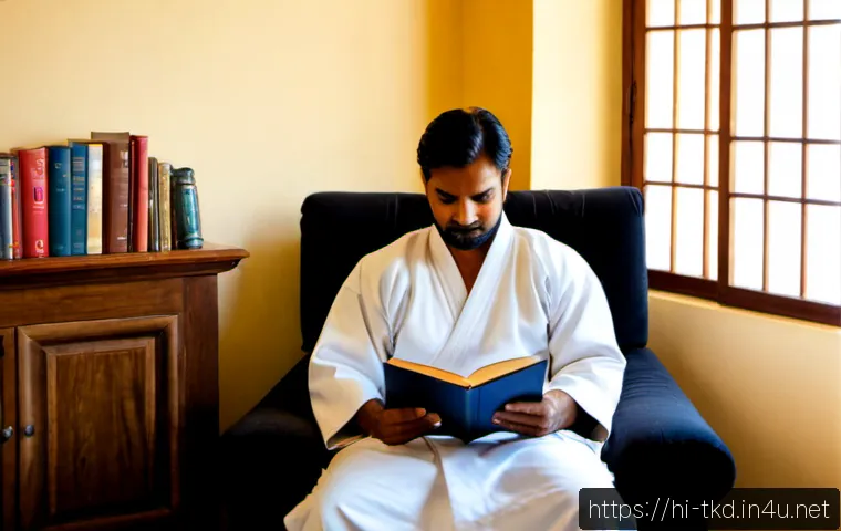태권도 애호가들을 위한 책 - Photorealistic cozy reading corner for a Taekwondo enthusiast, a middle-aged Indian man in clean whi...