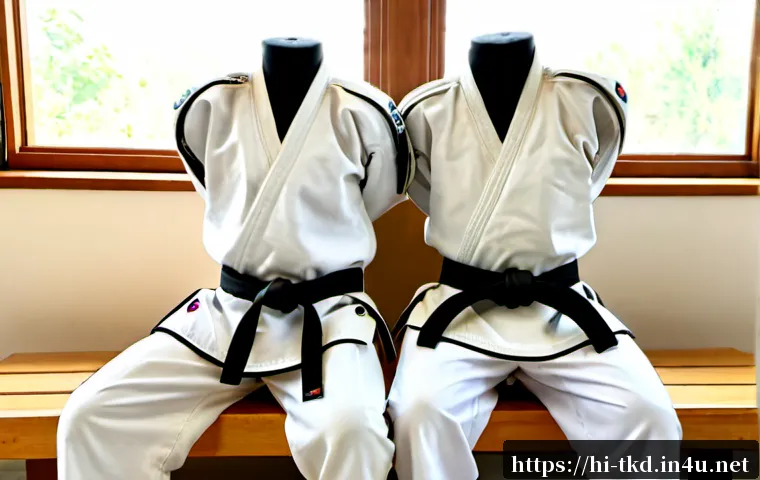 Home 17 태권도 브랜드별 제품 비교 - Photorealistic taekwondo product comparison scene, two clean white martial arts uniforms neatly fold...