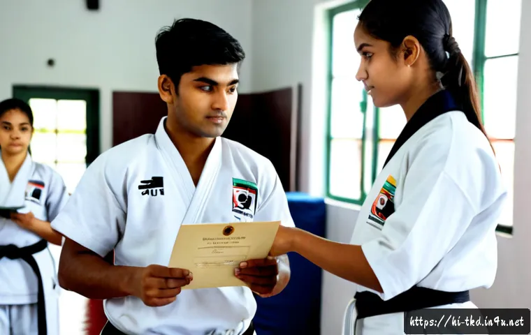 Home 17 태권도 단증 발급 절차 - Photorealistic Taekwondo belt certification process, a focused teenage Indian student in a clean whi...