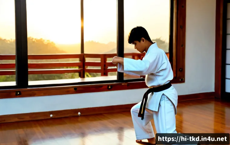 태권도와 무도 철학 - Photorealistic martial arts dojo at sunrise, a focused Indian teenage student in a clean white dobok...